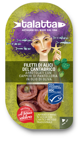 FILETTI DI ALICI DEL CANTABRICO arrotolati con capperi di Pantelleria in olio di oliva