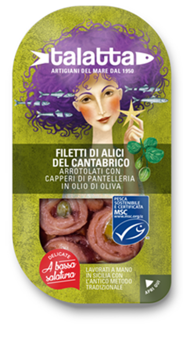 FILETTI DI ALICI DEL CANTABRICO arrotolati con capperi di Pantelleria in olio di oliva