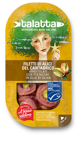 FILETTI DI ALICI DEL CANTABRICO arrotolati con pistacchi in olio di oliva