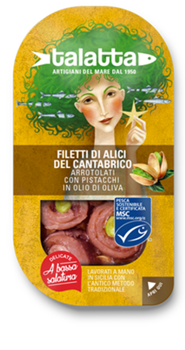 FILETTI DI ALICI DEL CANTABRICO arrotolati con pistacchi in olio di oliva