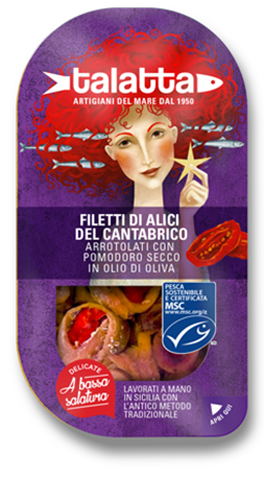 FILETTI DI ALICI DEL CANTABRICO arrotolati con pomodoro secco in olio di oliva