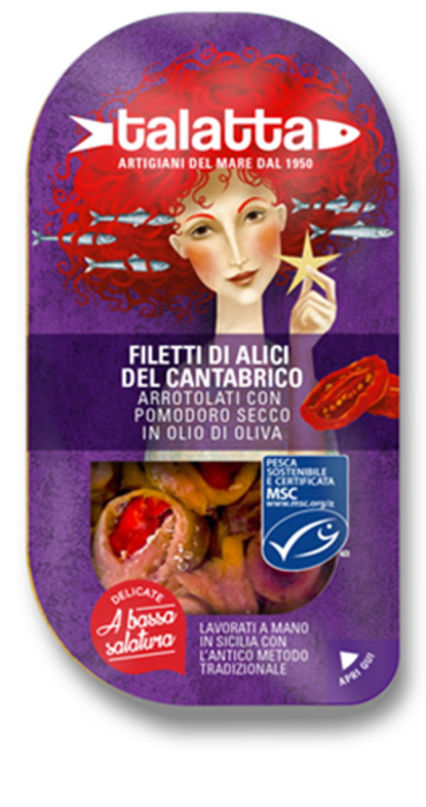 FILETTI DI ALICI DEL CANTABRICO arrotolati con pomodoro secco in olio di oliva