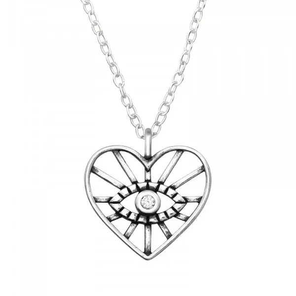 Ketting zilver met hart en boos oog
