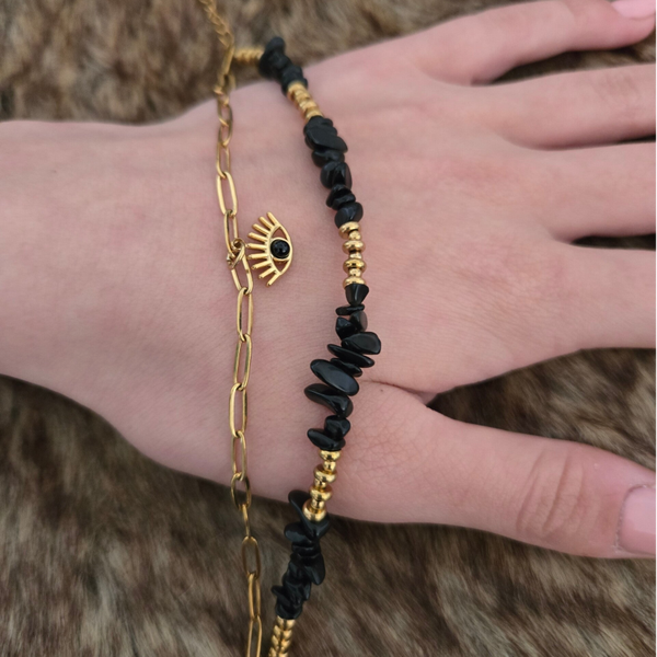 Armband - stainless steel met zwarte Obsidiaan