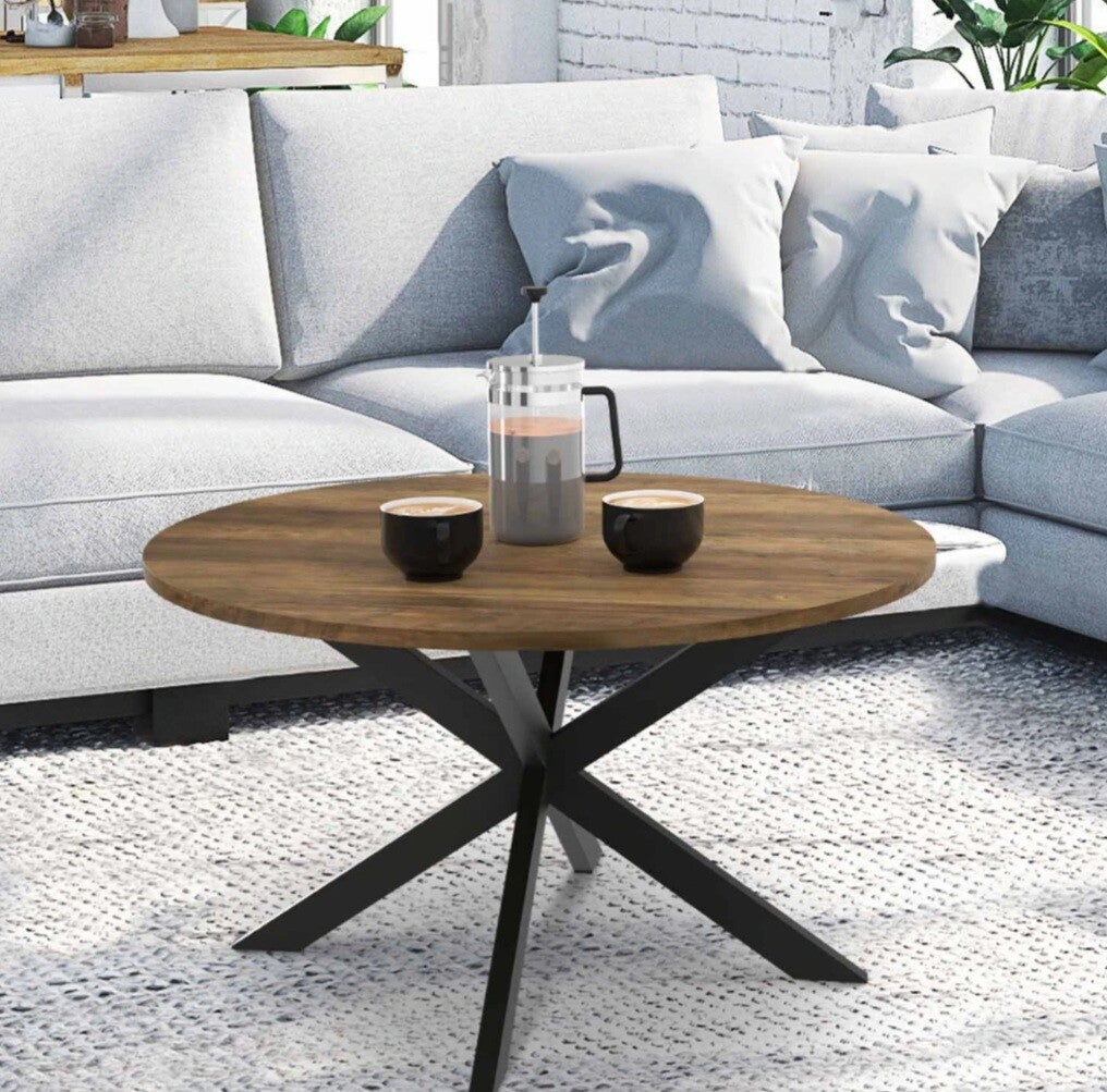 Table basse ronde 70cm pieds araignée noir, bois foncé