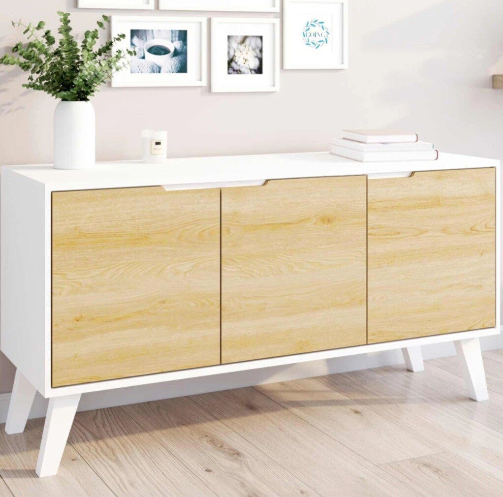 Buffet blanc et bois scandinave façon hêtre 3 portes 113cm