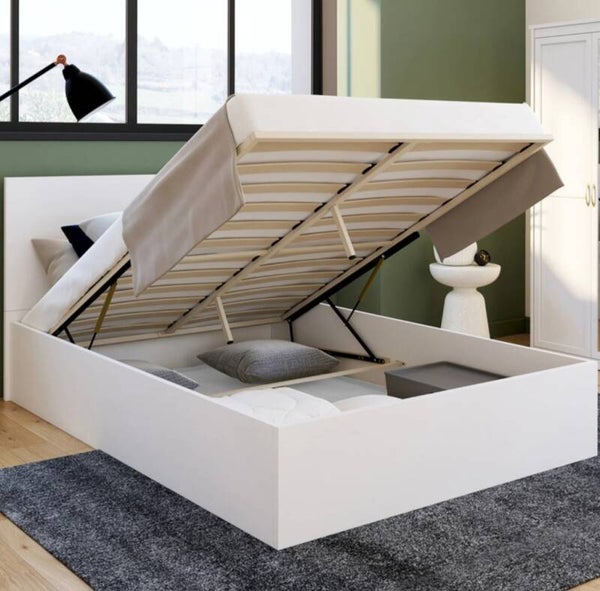 Lit double blanc avec sommier et coffre