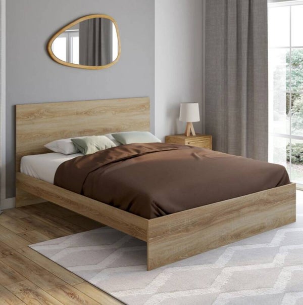 Lit double avec tête de lit et sommier en hêtre