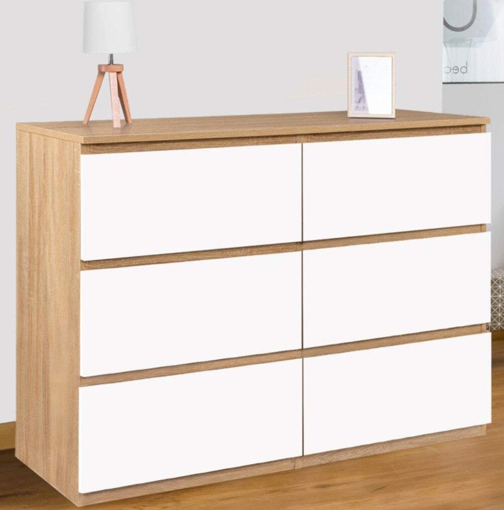 Commode 6 tiroirs blanche et bois