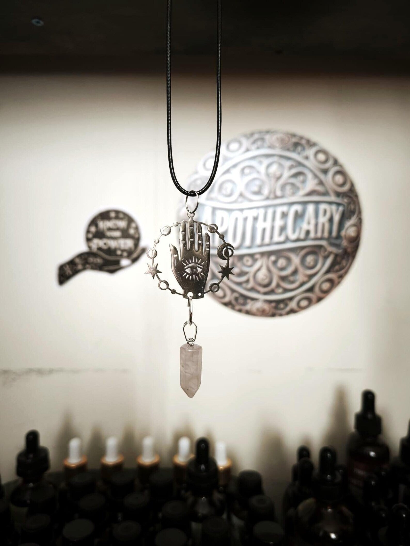 spiritual necklace...Unique & hand made **Hand/palm pendant with rose quartz crystal** Charm witch evil eye