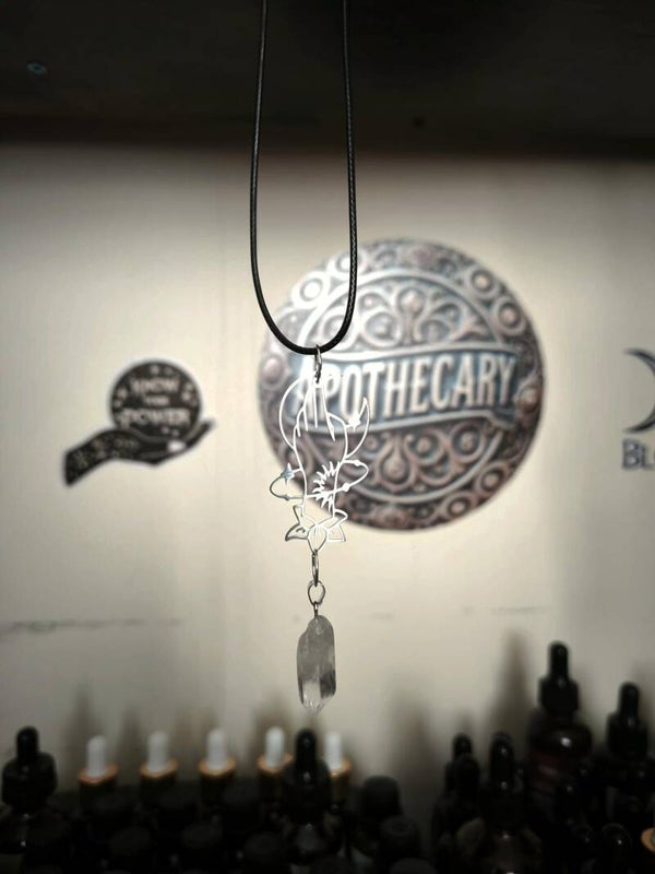 Spiritual necklace...Unique & hand made ** stunning large Moon palm pendant with quartz crystal** Charm witch evil eye