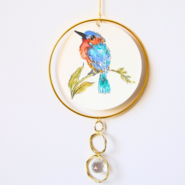 Suspension murale oiseau à l’aquarelle - Cercle doré & attrape-soleil