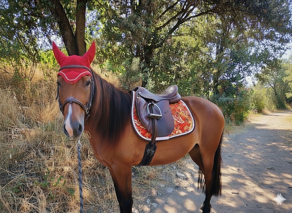ICH - Tapis de selle Mixte rouge motif boules de Noël dorées