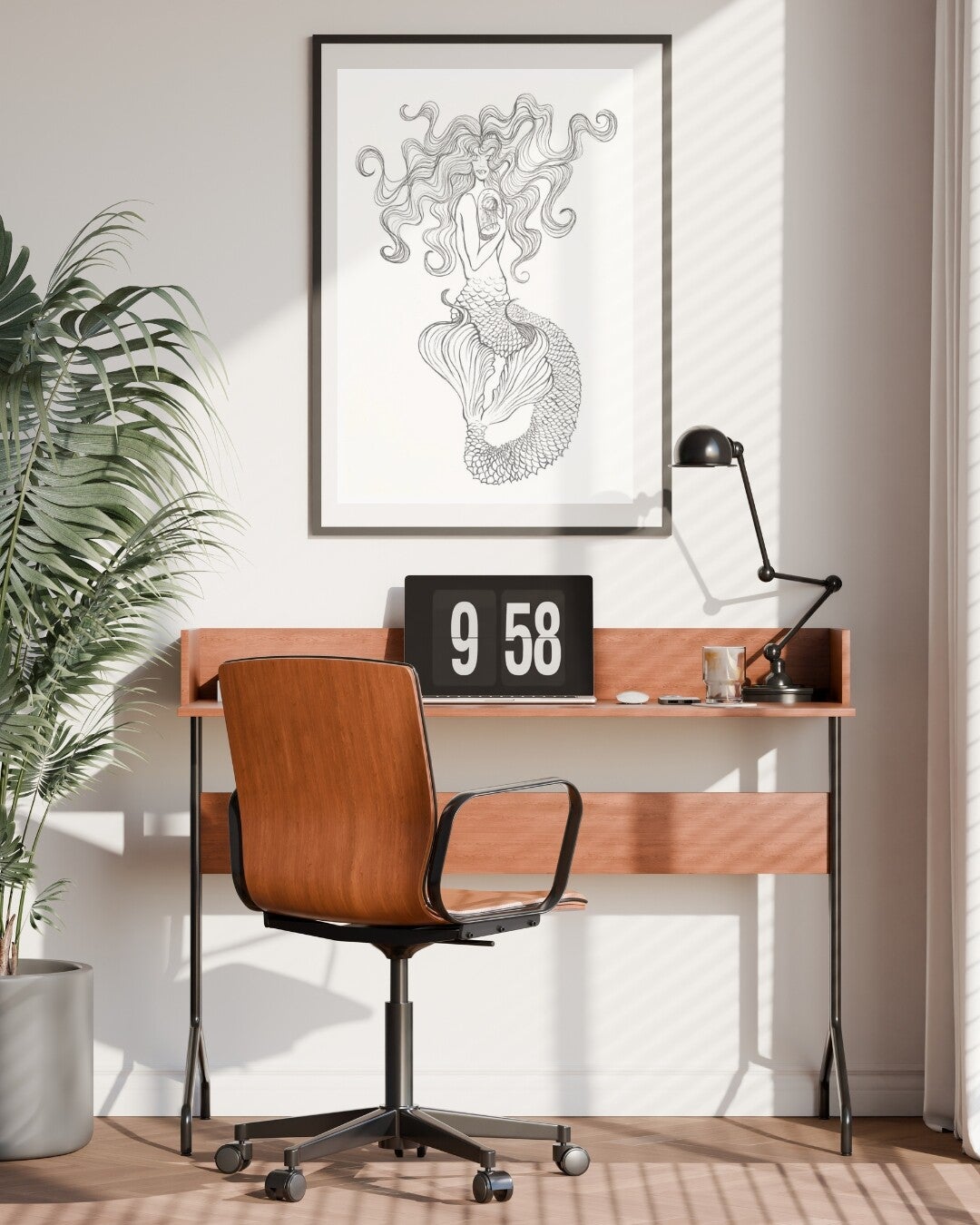mermaid 1, artprint on wall in a midcentury interior