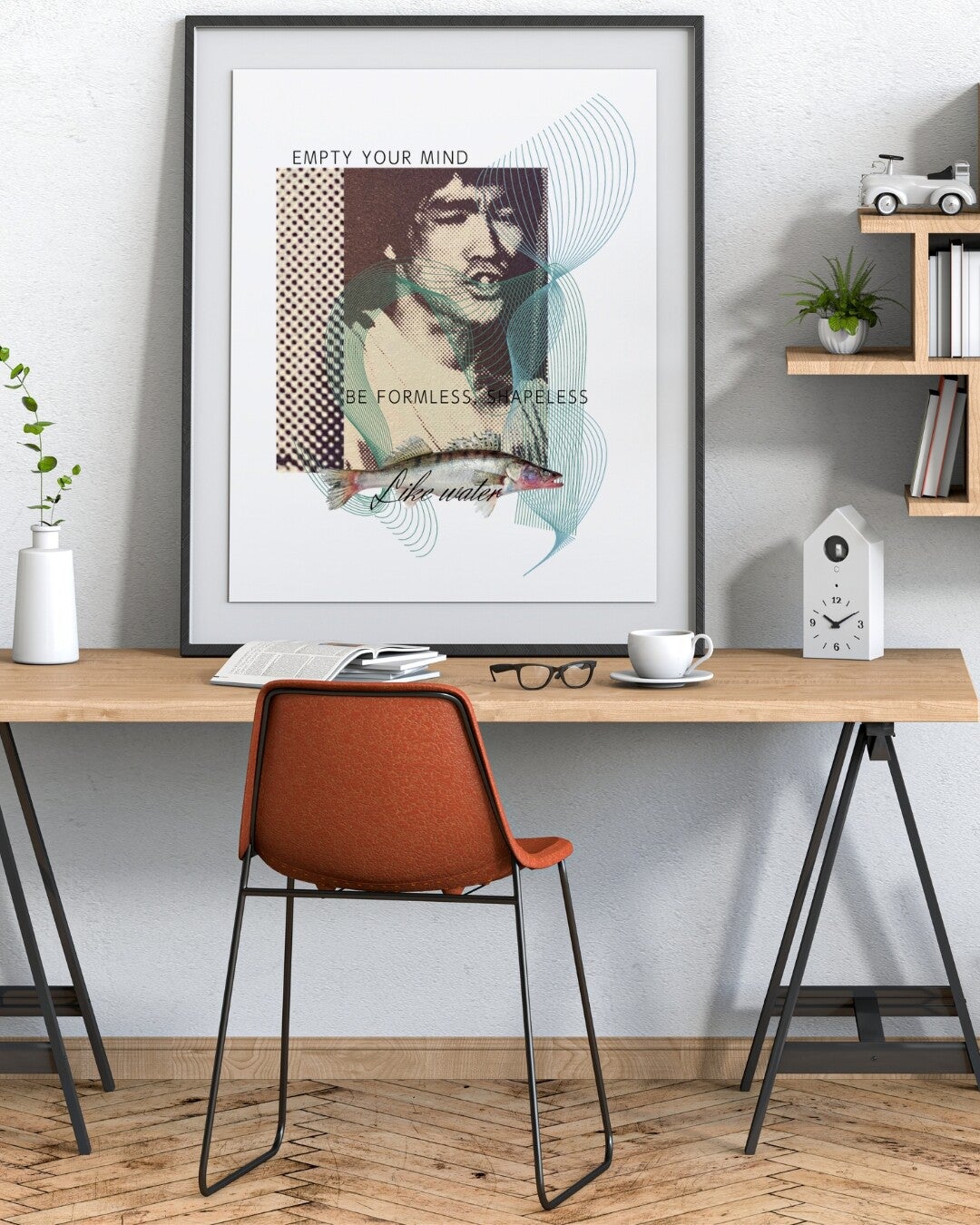 Be like water, art print on a wall in amodern design study room