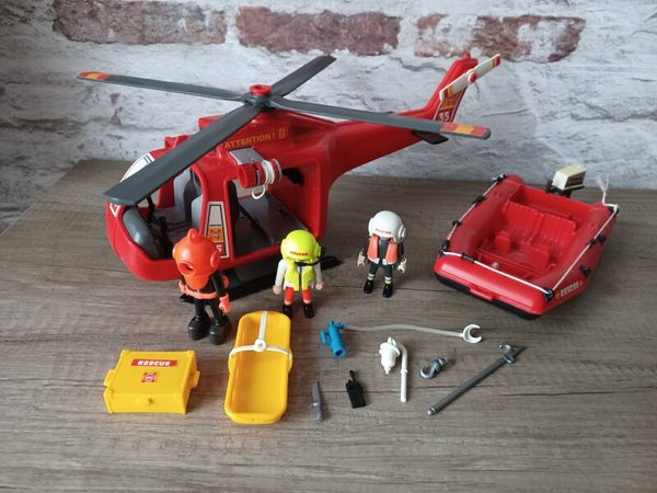 playmobil,  helicoptere et bateau pompiers, occasion