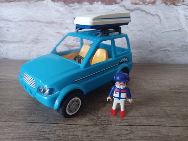 playmobil , voiture bleu avec skis et enfant , occasion