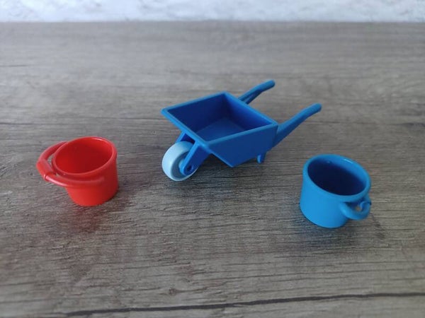 playmobil ,petite brouette bleue et 2 seaux, occasion