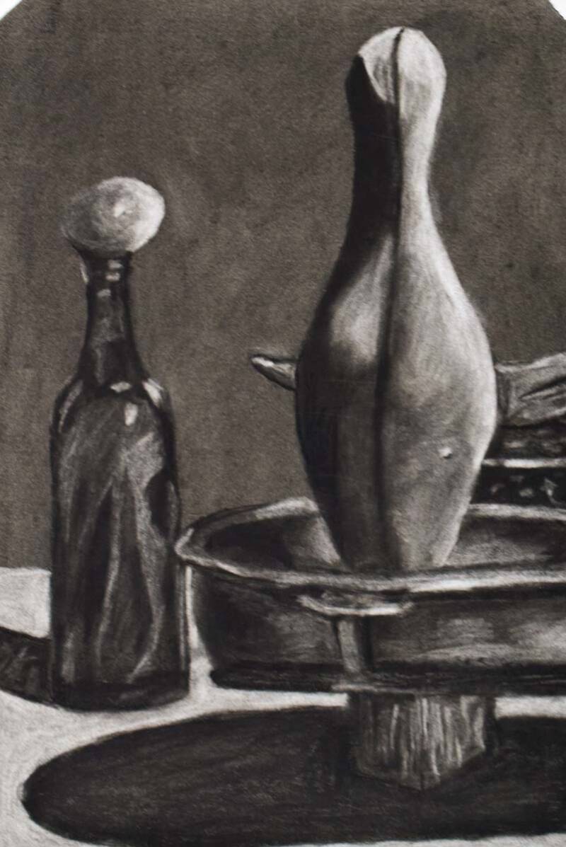 Still Life with Bowling Pins | Compressed charcoal on paper. 12x18&quot;. 2012. 