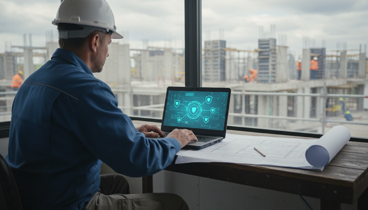 Bauhandwerker im Schutzhelm prüft am Laptop digitale Bauunterlagen im Baustellenbüro.