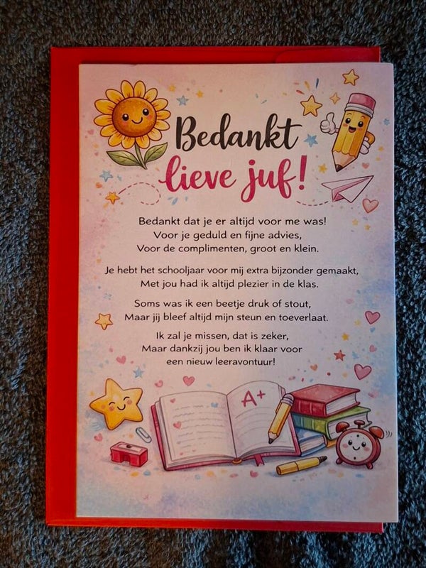 kaartje vol liefde , bedankt lieve juf