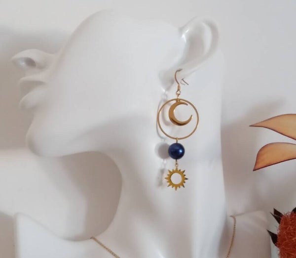 Boucles d’oreilles Lune & Soleil, Bleu Nuit