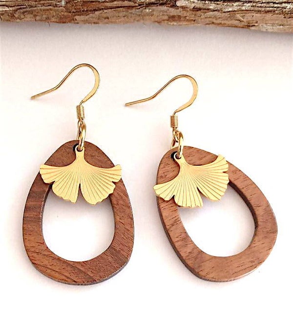 Boucles d’oreilles Bois & Feuille de Ginkgo