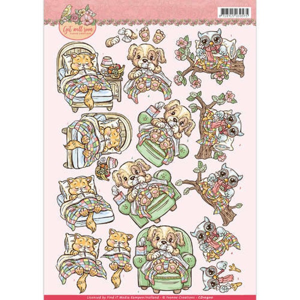 CD10900 - 3D Knipvel - Yvonne Creations - Get Well Soon - ill animals