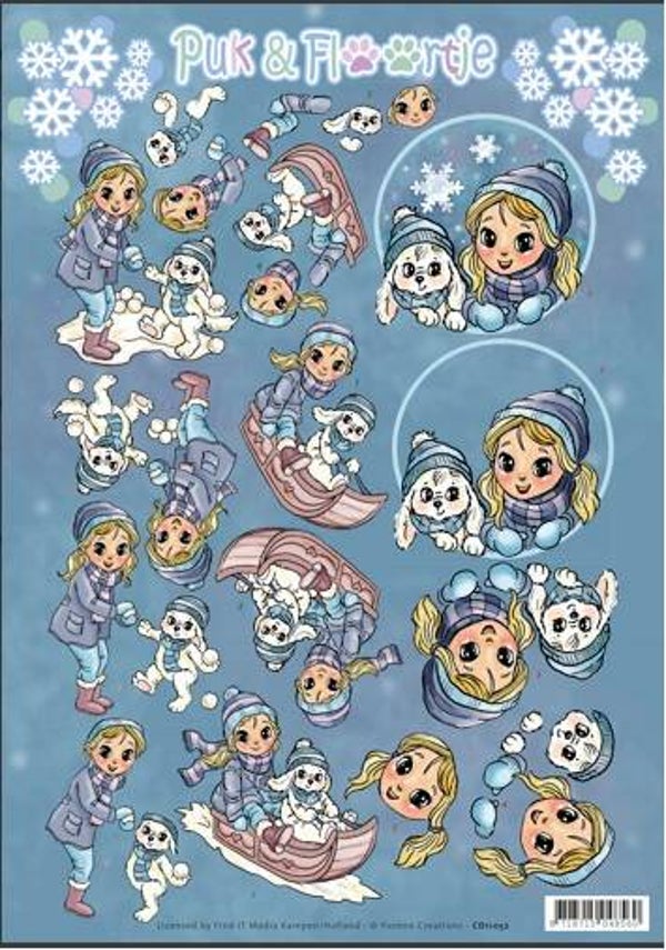 CD11052 - 3D Knipvel - Yvonne Creations - Puk en Floortje - Playing with snow