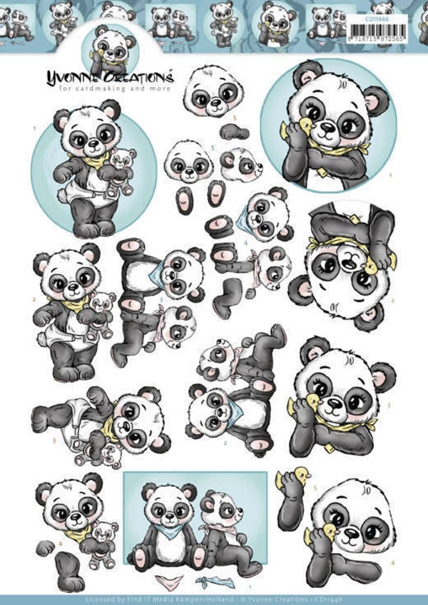 CD11446 - 3D Cutting Sheet - Yvonne Creations - Panda Hugs