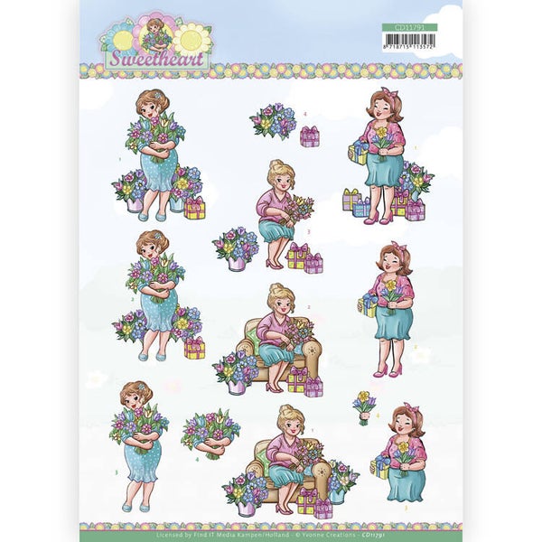 CD11791 - 3D Cutting Sheet - Yvonne Creations - Bubbly Girls - Sweetheart - Flowers and gifts
