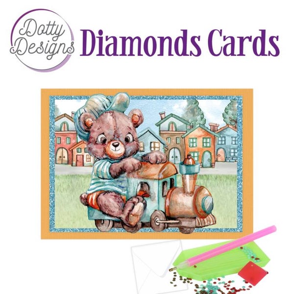 DDDC1168 - Dotty Designs Diamond Cards - Teddybear On Train 10x15