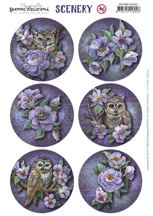 CDS10085 - HJ20601 - Scenery - Yvonne Creations - Aquarella - Owls and Flowers Round