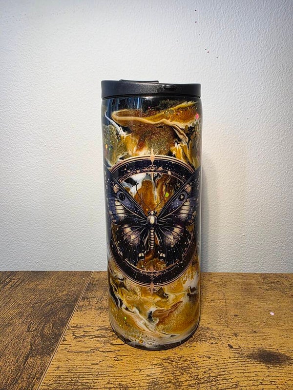 Black/gold skull moth tumbler