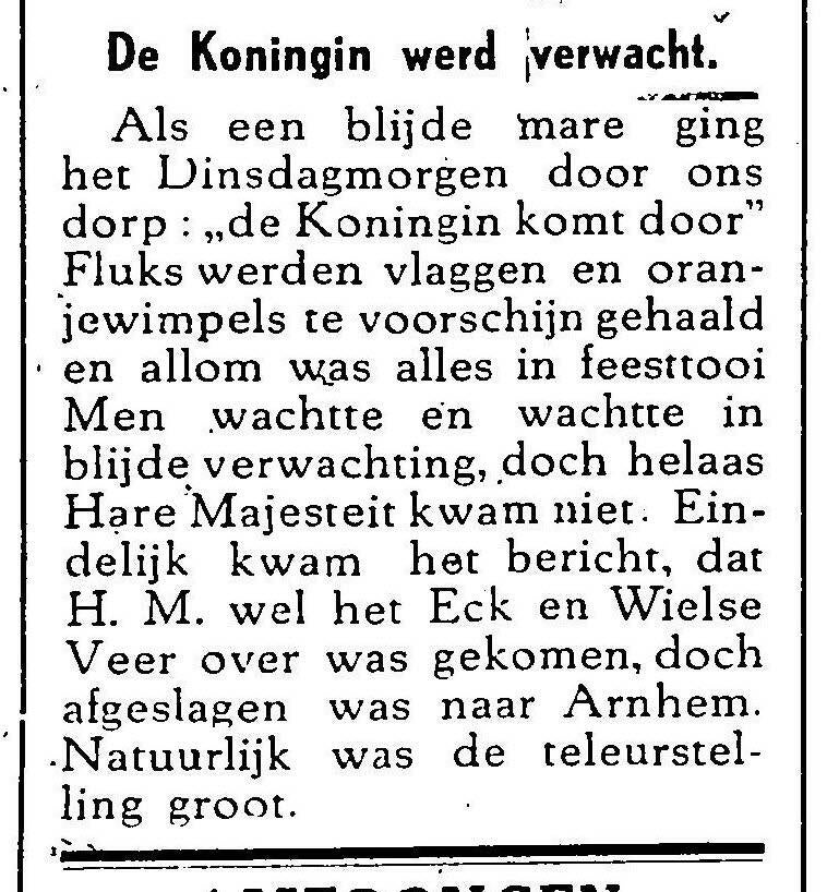 Krantenbericht in De Kaap van juni 1945 over de komst van de koningin naar Leersum
