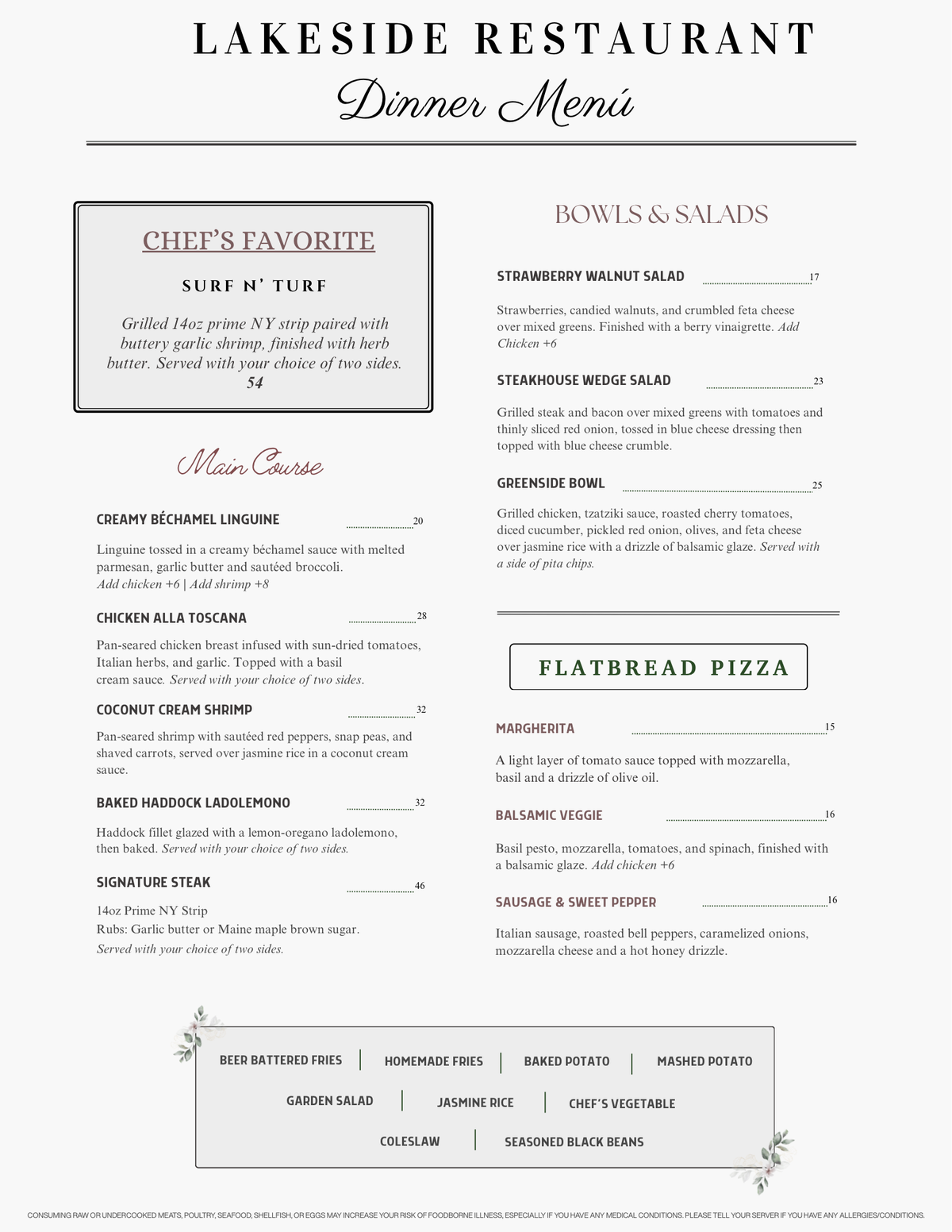Menu | Lakeside Restaurant