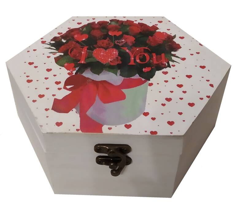 Ξύλινο εξάγωνο κουτί "I LOVE YOU"