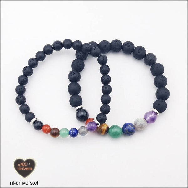 Bracelet 7 chakras + pierre de lave noire