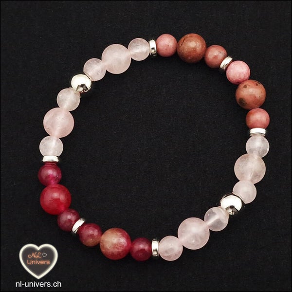 Bracelet Amour - Quartz rose + Rhodonite avec Manganèse + Tourmaline Melon d'eau