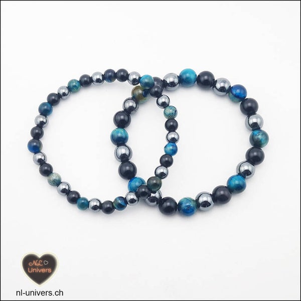 Bracelet Protection - Hématite + Obsidienne noire + Œil de Tigre bleu clair teinté