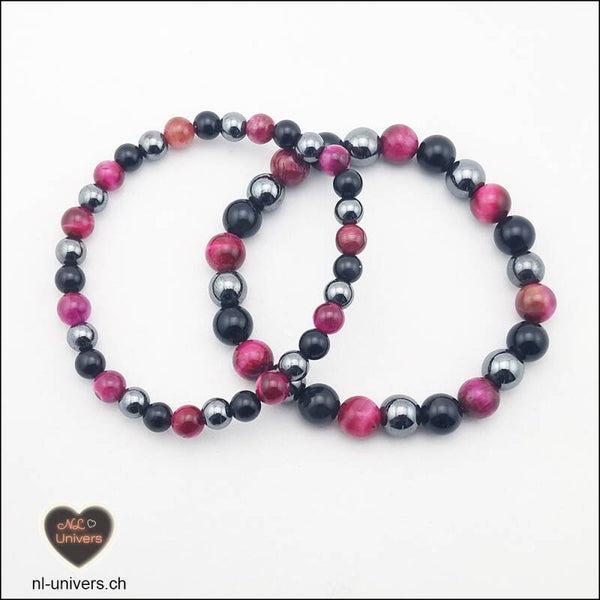 Bracelet Protection - Hématite + Obsidienne noire + Œil de Tigre rose teinté