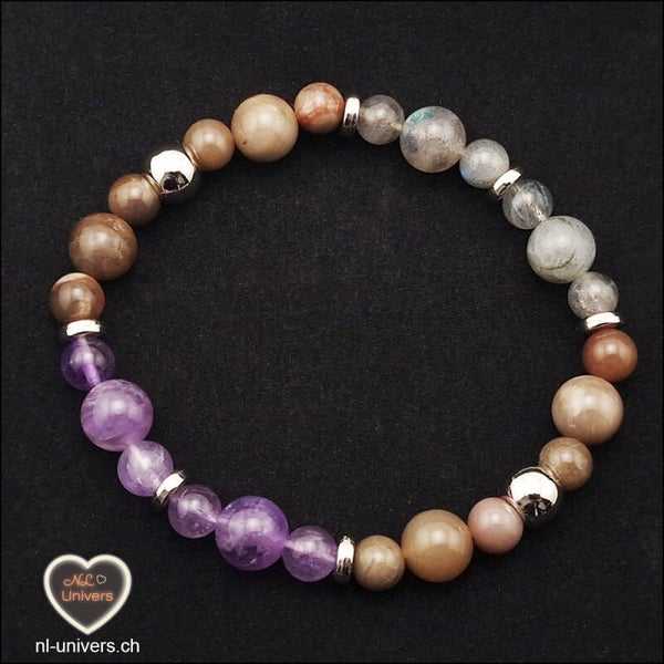 Bracelet Anti-stress - Améthyste + Bois fossile + Labradorite