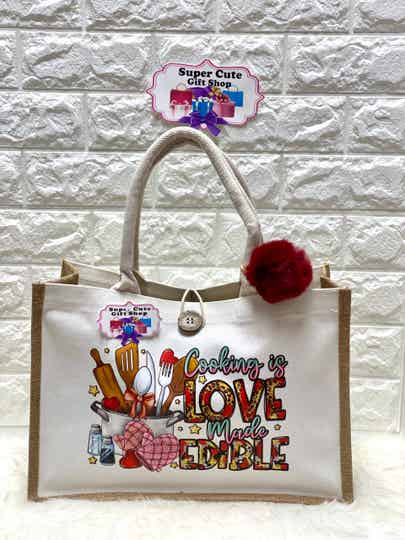 Cooking is Love Tote Bag-Red Winne Ponpom