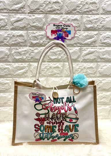 Nurse Tote Bag-Blue Pompom