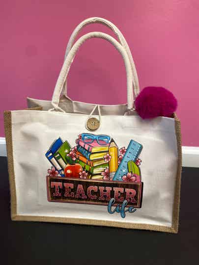 Teacher Life Tote Bag-Fucsia Pompom