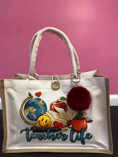 Teacher Life Tote Bag-  Red Wine Pompom