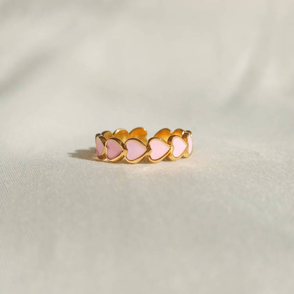 Lichtroze hearts ring goud
