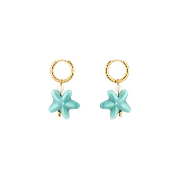 Turqouise seastar oorbellen goud