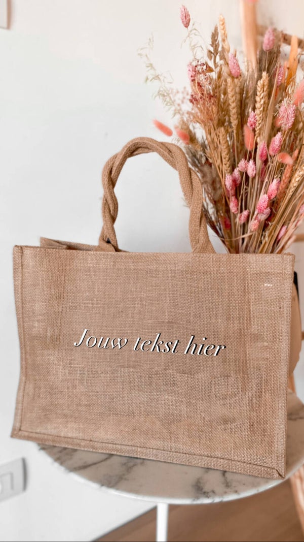 Jute draagtas met tekst naar keuze
