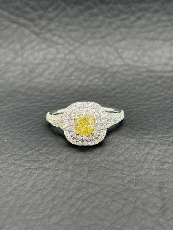 FANCY YELLOW CUSHION DIAMOND RING